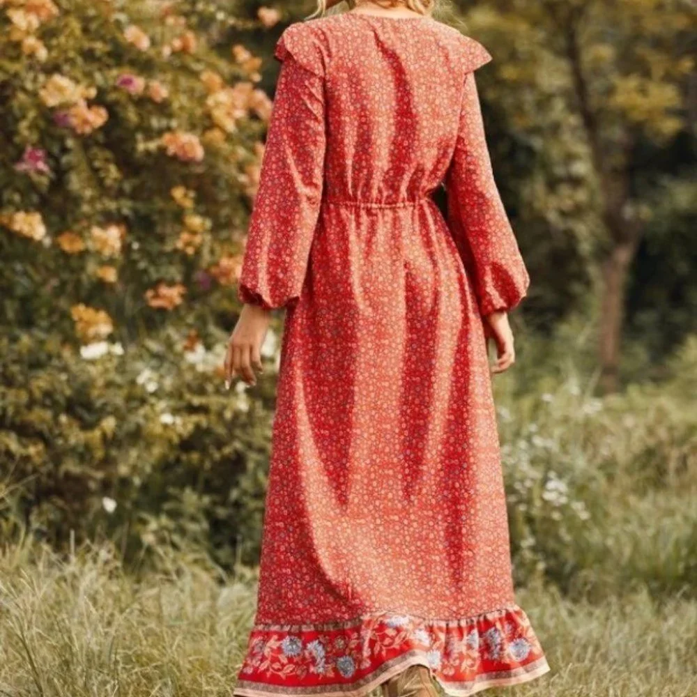 red Floral Ruffle detailed Drawstring Waist Split Hem Maxi Cottagecore Dress - Picture 3 of 6